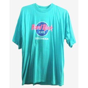 Vintage HARD ROCK CAFE Stockholm turquois blue cotton T Shirt Adult size XL